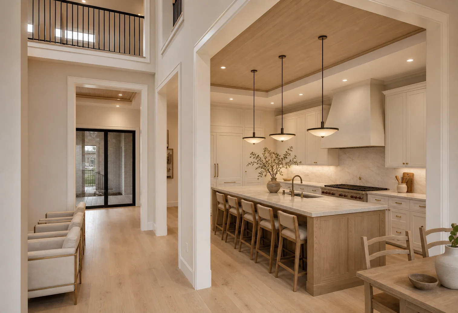 Kitchen design study with warm white cabinetry, stained white oak island, Taj Mahal quartzite, and white oak floors